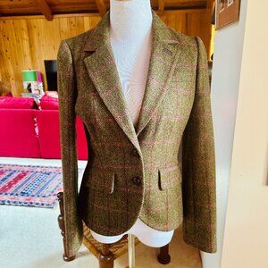 BODEN Tweed by Moon Olive Green Burgundy Plaid Equestrian Style Jacket - 4P